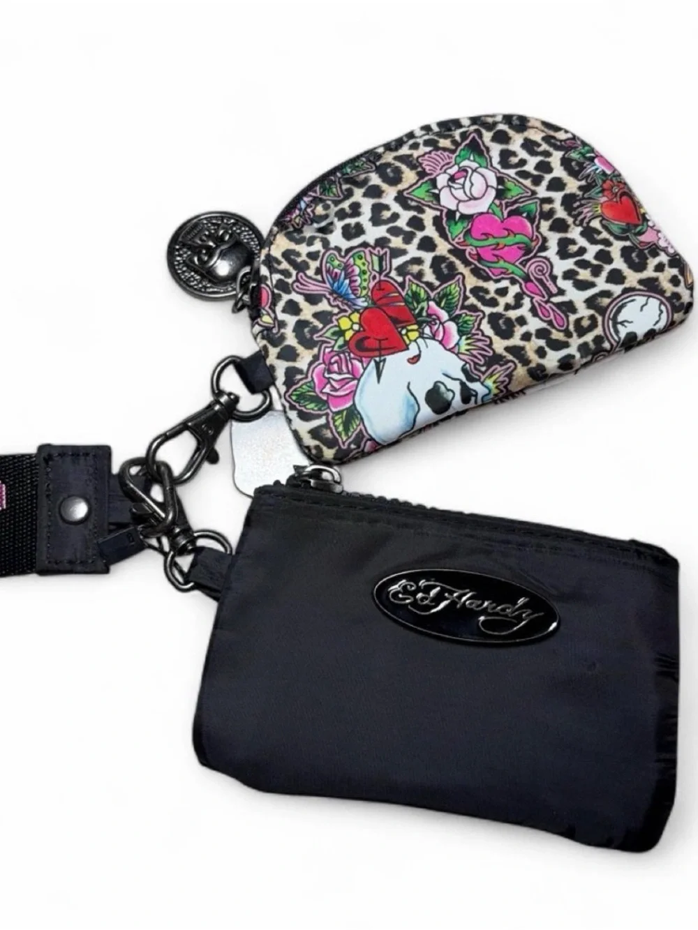 Ed Hardy Black and Pink Wristlet Set with Leopard Skull Coin Purse